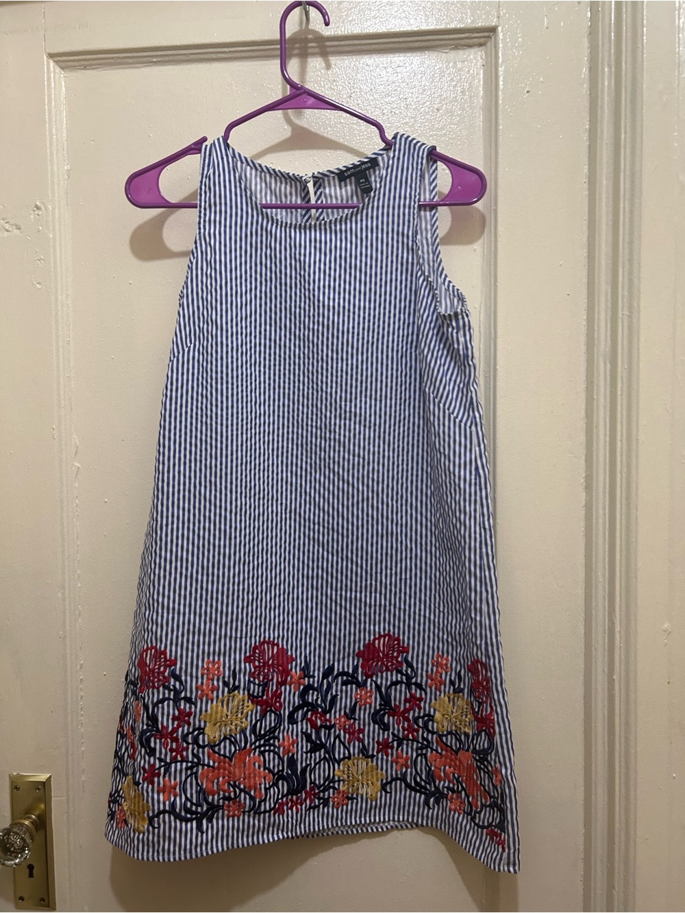 Sleeveless Blue Striped Mini Dress with Floral Hem Sz SP Poly Cotton